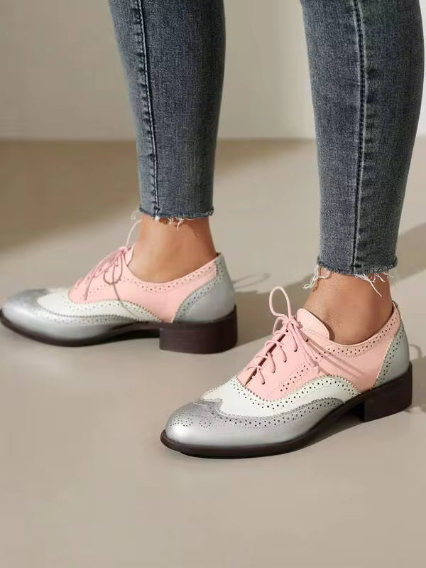 Women's Pointed Toe Lace-Up Brogue Pumps Fashion Mixed Colors Patchwork Block Chunky Heel British Style Flat Oxford Shoes