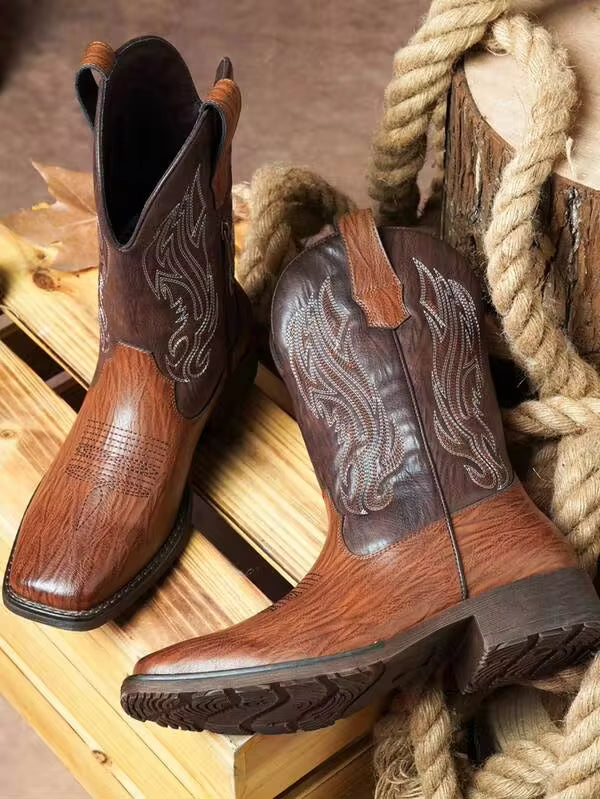 VOSTEY SHOESMORE Men's Cowboy Boots Retro Square Toe Brown Boots Botas Vaqueras Para Hombre Embroidery Western Boots For Men