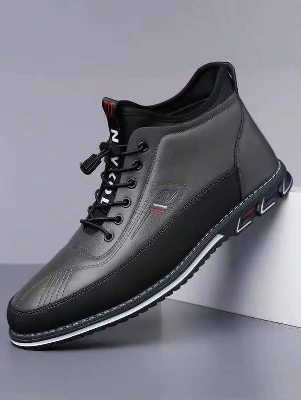 Men's Business Casual Mid Top Ankle Shoes Faux Leather Color Block Easy Lace Non Slip Soft Sole Stitched Detail Comfort Walking Office Daily Work Wear
