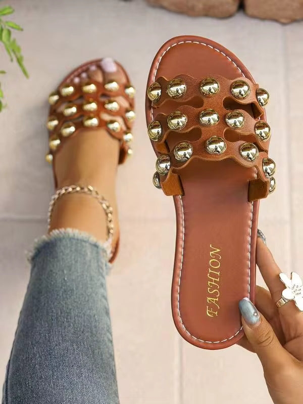Summer New Vintage Metal Rivet Hollow Slip-On Slippers, Women Flat Outdoor Casual Beach Sandals
