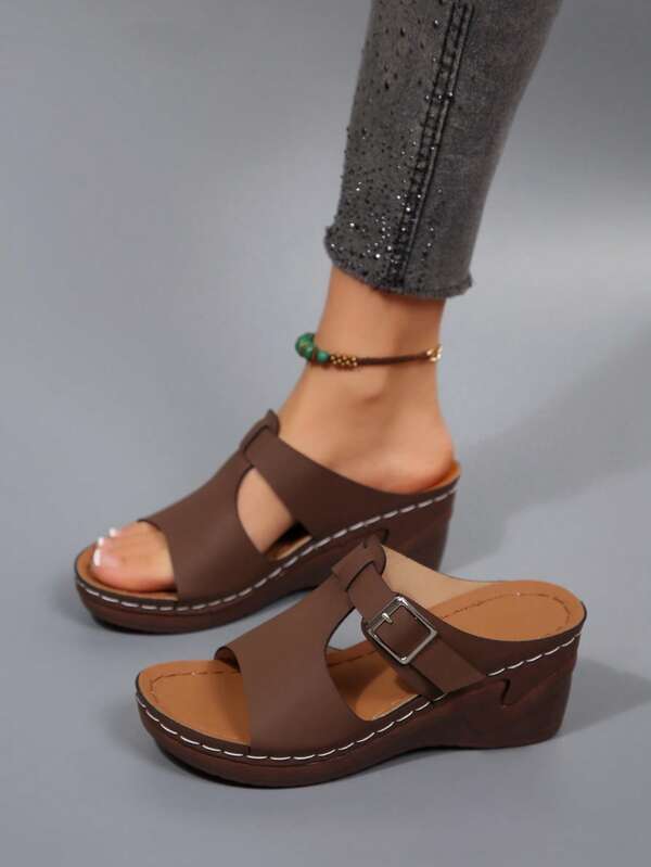 Vintage Hollow-Out Thick Sole Wedge Sandals, Versatile Backless Slip-On Shoes For Women