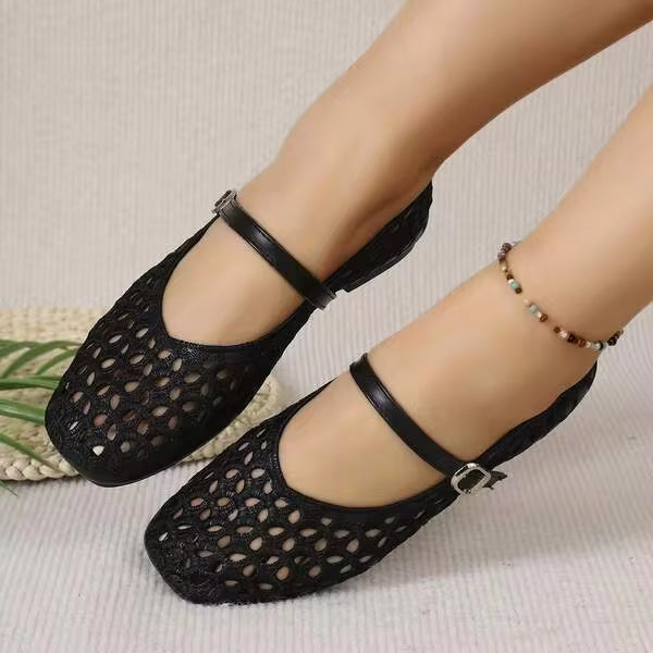 Fashionable Elegant Hollow French Mary Jane Breathable Flat Shoes Comfortable Teacher Shoes Spring Summer New Style Buckle Embroidery Soft Sole Soft Upper Dance Shoes Outdoor Party Commute Women Shoes Square Toe Plus Size Shoes